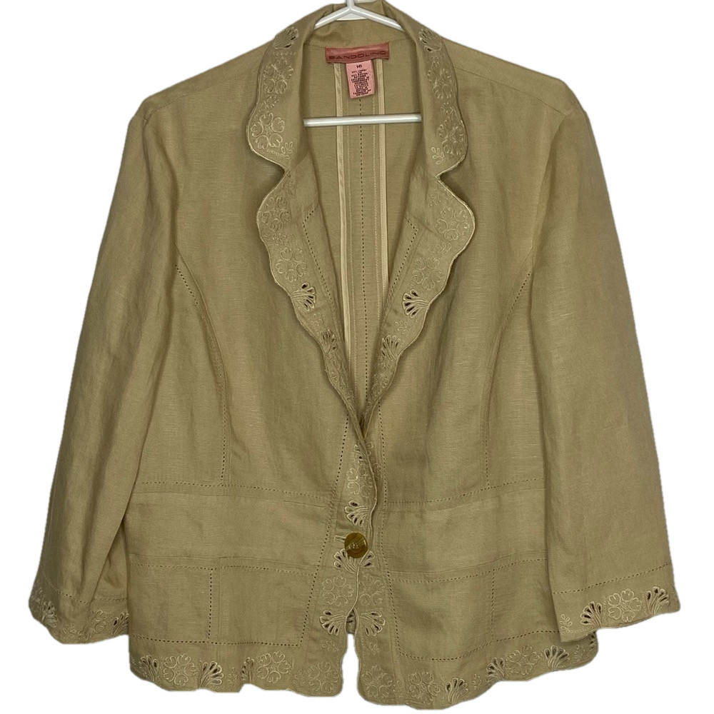Bandolino Linen/Rayon Blazer Size 16 Embroidered Cut work Beige